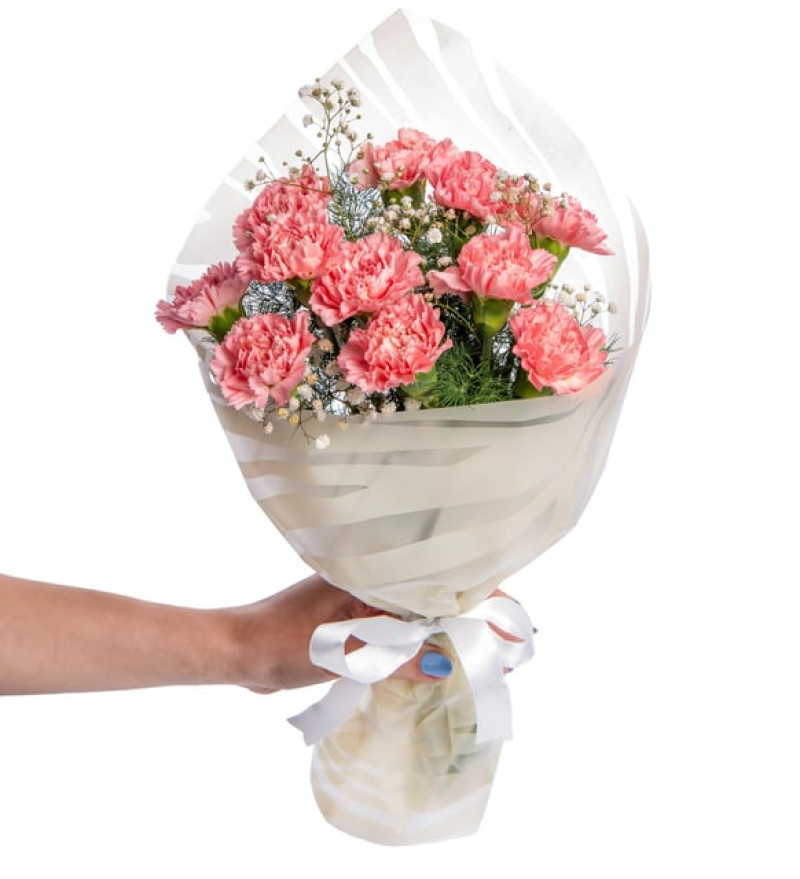 Leopar Krem Bukette Pembe Karanfiller ve Cipsolar