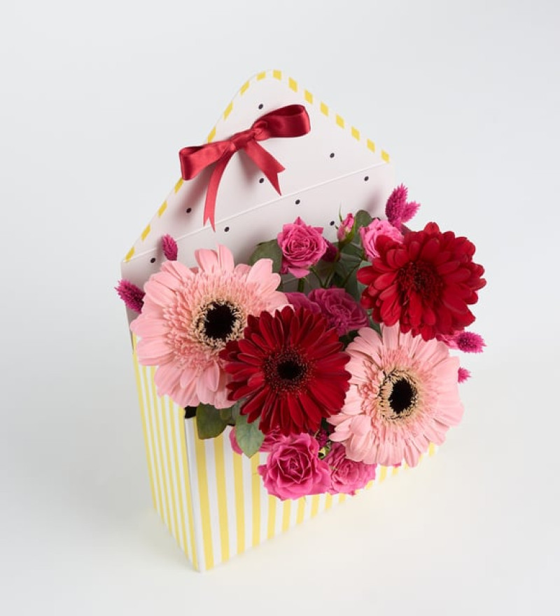 Sarı Zarfta Pembe Gül ve Kırmızı Pembe Gerberalar