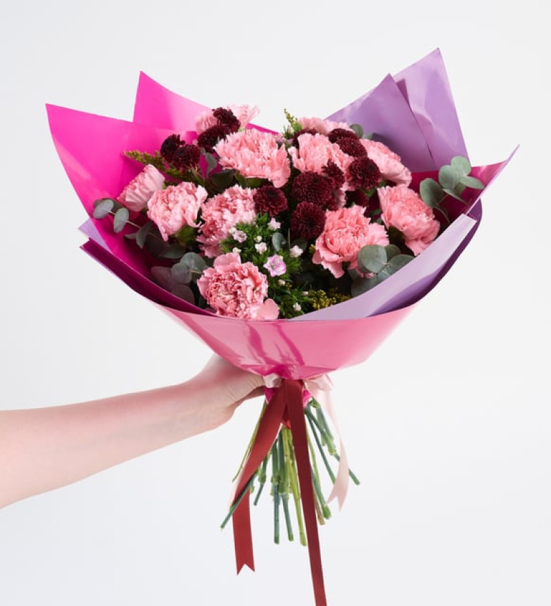 Lila Bukette Pembe Karanfiller ve Bordo Kasımpatı